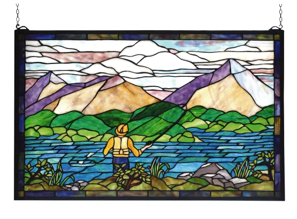 A fly fisherman stands in sparkling Turquoise river winding through Majestic Purple and Meadow Green hills. This panoramic scene is handcrafted of stained art glass. The Meyda Tiffany Original window is framed in solid brass and has brass mounting bracket and chains included.