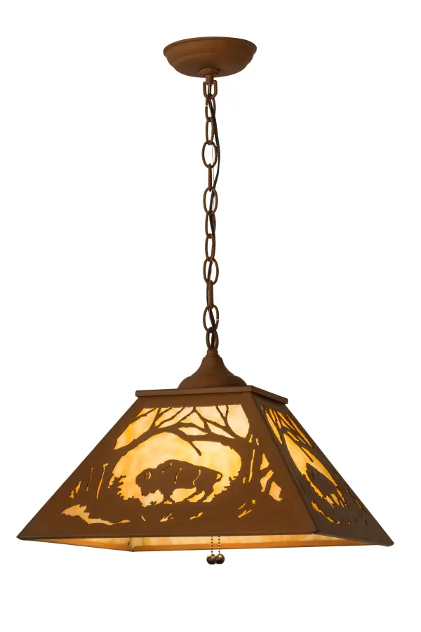 A Buffalo framed in branches is depicted on each side of this pendant. The American Bison fixture is finished in Earth, has Beige art glass panels, and is handcrafted in the USA by Meyda artisans. Collection: Buffalo At Dawn Finish: Earth Glass: Beige Art Glass Width: 22.00" Height: 15.00" Length: 16.00" Weight: 12.00 lb Number of Bulbs: 2 Maximum Wattage: 60.00 W Bulb Type: A19 Bulb Base: E26 Material: Steel Country of Origin: USA Safety Listing: Damp Safety Rating: Damp