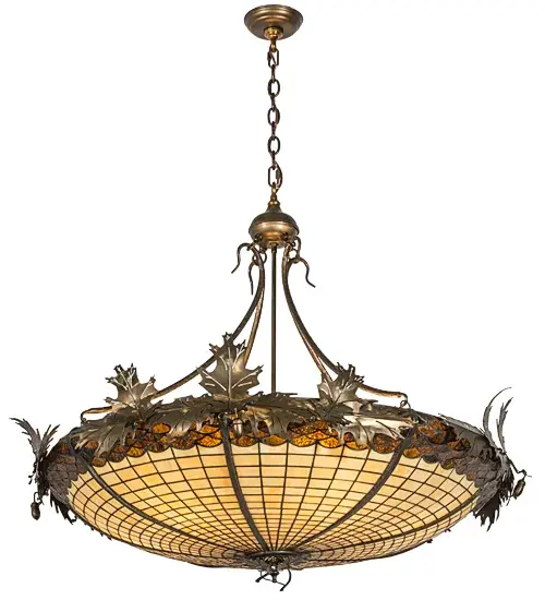 Majestic as the mighty oak is this leaf adorned inverted pendant in an antique copper finish. A lighted stained glass acorn, in Ivory with a Bark Brown granite glass crown that sprouts oak leaf covered hardware that is hand made in the U S A by Meyda Tiffany craftsman. Collection: Greenbriar Oak Finish: Antique Copper Glass: Stained Glass Width: 40.00" Height: 38.00" Length: 40.00" Weight: 39.00 lb Number of Bulbs: 6 Maximum Wattage: 60.00 W Bulb Type: A19 Bulb Base: E26 Material: Metal Country of Origin: USA Safety Listing: Damp Safety Rating: Damp - alternate view