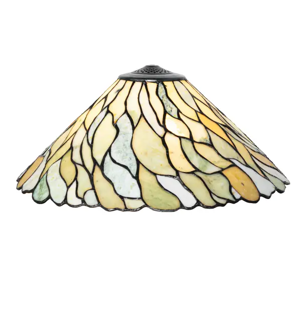 Thinly carved and polished Natural Jadestone in earthy tones of Moss Green and Ivory becomes luminescent in this wispy Willow leaf patterned shade. This stunning Jadestone shade is created using the famous Meyda copperfoil construction process and pairs well with a base to create a table or floor lamp. The shade also can be matched with hardware to build a beautiful ceiling fixture. The Willow Jadestone shade is featured in our American-designed; handcrafted Jadestone Lighting Collection. Each shade is a unique work of art with color variations based on natural ingredients inherent in the Jadestone.