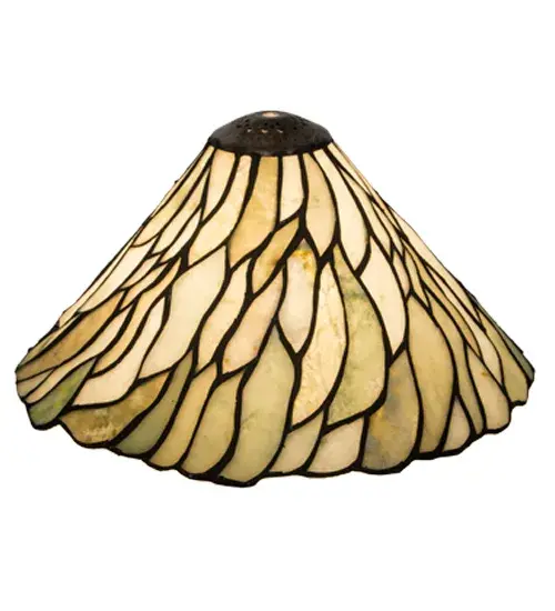 Thinly carved and polished Natural Jadestone in stunning Moss Green and Ivory hues becomes luminescent in this wispy Willow leaf patterned shade. The Willow Jadestone shade is created using the famous Meyda copperfoil construction process. The shade pairs well with a base to create an exquisite accent lamp, and matches with hardware to build a beautiful ceiling fixture. The Willow Jadestone Shade is featured in our American-designed, handcrafted Jadestone Collection. Each shade is a unique work of art with color variations based on natural ingredients inherent in the stone. Collection: Willow Glass: Jadestone Width: 12.00" Height: 6.50" Length: 12.00" Weight: 2.50 lb Country of Origin: CHINA Safety Listing: Dry Safety Rating: Dry - alternate view