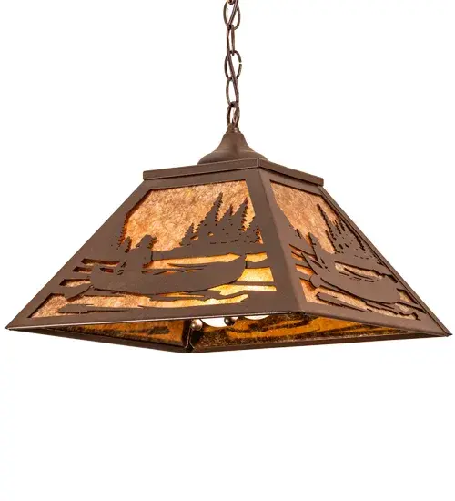 A Canoe on a lake is paddled by the woods on this nature inspired pendant. The rustic fixture is finished in Cafe Noir, has Amber mica panels. The fixture is handcrafted by highly skilled artisans in our 180,000 square foot manufacturing facility. Diffuser colors and metal finishes are customizable as each fixture is handcrafted to order. Dimmable energy efficient lamping options available. Handmade in our 180,000 square foot manufacturing facility in Yorkville, New York. UL and cUL listed for dry and damp locations. Collection: Canoe At Lake Finish: Cafe Noir Glass: Amber Mica Width: 16.00" Height: 15.00" Length: 16.00" Weight: 9.00 lb Number of Bulbs: 2 Maximum Wattage: 60.00 W Bulb Type: A19 Bulb Base: E26 Material: Steel Country of Origin: USA Safety Listing: Damp Safety Rating: Damp - alternate view