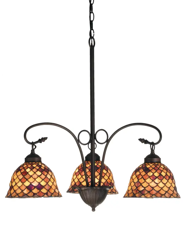 A Louis Comfort Tiffany studio classic fishscale pattern reproduced in variegated Tortoiseshell of Ambers and Burgundy. This handsome stained glass shade is used with Mahogany Bronze hand finished hardware. A versatile three light chandelier that will complement any color or style.