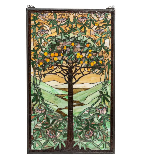 Meyda's interpretation of Louis Comfort Tiffany's Tree of Life window is made using 1539 pieces of hand cut glass individually wrapped in copper foil. A beautiful selection of stained art glass in neutral tones of Earth Browns; Verdant and Mottled Greens and Russet Oranges were hand selected to create this masterpiece. Hanging chains and brackets are included.