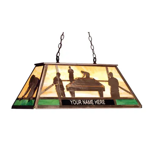 You can personalize this striking fixture by adding your business or family name to this billiard fixture shade. The fixture features Beige Art Glass on top with a Green Art Glass trim below. The frame; hardware; and billiard player silhouettes are offered in an Antique Copper finish. The overall height ranges from 20 to 40 inches; as the chain length can be easily adjusted in the field to accommodate your specific lighting application needs. Perfect for placement in man caves; she sheds; basements; and billiard parlors from Chicago; Illinois; to Phoenix; Arizona; to San Antonio; Texas. The Personalized Pool Hall Oblong Pendant is included in our American-made; American-designed; handcrafted Personalized Lighting Collection and is manufactured in Yorkville; New York. Please call for pricing and lead time.