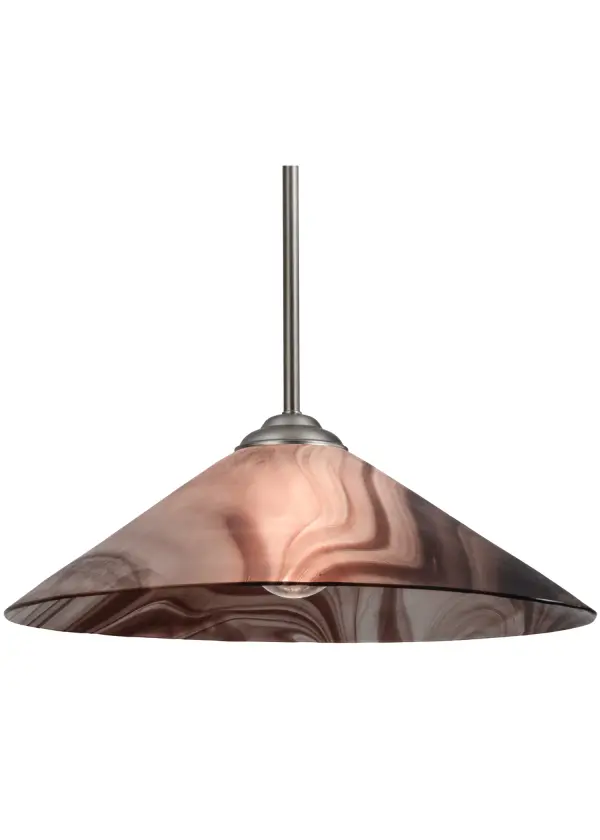 Sleek and upscale the metro pendant with cone shaped baroque art glass shade in a Raspberry and Sugar White toned Chambord Swirl finish with Brushed Nickel finished hardware; reflects the vibrant soul of the city.