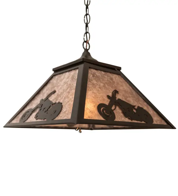 Any road warrior will appreciate this Motorcycle accented four sided pendant shade. The fixture is finished in Timeless Bronze; has Silver mica panels; and is handcrafted in the USA by Meyda artisans. Just ride.