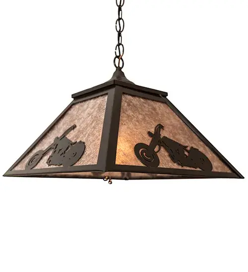 Any road warrior will appreciate this Motorcycle accented four sided pendant shade. The fixture is finished in Timeless Bronze; has Silver mica panels; and is handcrafted in the USA by Meyda artisans. Just ride. - alternate view