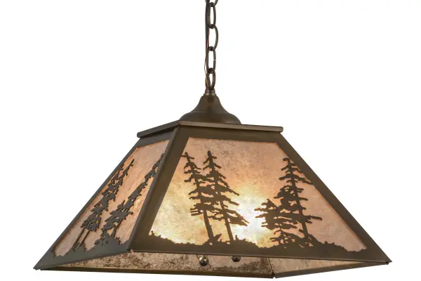 A stunning nature inspired design of Tall Pine trees is featured as the late morning sun shines over the woodlands. Warm soft ambient light is diffused beautifully through Silver Mica, which is complemented with Antique Copper finished accents and frame. The fixture is handcrafted in the Meyda manufacturing facility, located at the foothills of the spectacular Adirondack Mountains. Custom styles, colors, sizes and dimmable energy-efficient lamping are available. Collection: Tall Pines Finish: Antique Copper Glass: Silver Mica Width: 22.00" Height: 16.00" Length: 16.00" Weight: 7.00 lb Number of Bulbs: 2 Maximum Wattage: 60.00 W Bulb Type: A19 Bulb Base: E26 Material: Steel Country of Origin: USA Safety Listing: Damp Safety Rating: Damp
