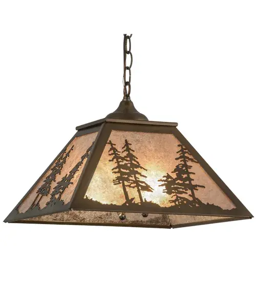 A stunning nature inspired design of Tall Pine trees is featured as the late morning sun shines over the woodlands. Warm soft ambient light is diffused beautifully through Silver Mica, which is complemented with Antique Copper finished accents and frame. The fixture is handcrafted in the Meyda manufacturing facility, located at the foothills of the spectacular Adirondack Mountains. Custom styles, colors, sizes and dimmable energy-efficient lamping are available. Collection: Tall Pines Finish: Antique Copper Glass: Silver Mica Width: 22.00" Height: 16.00" Length: 16.00" Weight: 7.00 lb Number of Bulbs: 2 Maximum Wattage: 60.00 W Bulb Type: A19 Bulb Base: E26 Material: Steel Country of Origin: USA Safety Listing: Damp Safety Rating: Damp - alternate view