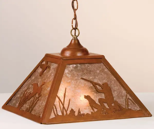A Hunter and Dog companion flush ducks from their wooded retreat on this four sided pendant shade. The fixture is finished in Rust, has Silver mica panels, and is handcrafted in the USA by Meyda artisans. Collection: Quail Hunter Finish: Rust Glass: Silver Mica Width: 22.50" Height: 16.00" Length: 16.00" Weight: 10.00 lb Number of Bulbs: 2 Maximum Wattage: 60.00 W Bulb Type: A19 Bulb Base: E26 Material: Steel Country of Origin: USA Safety Listing: Damp Safety Rating: Damp