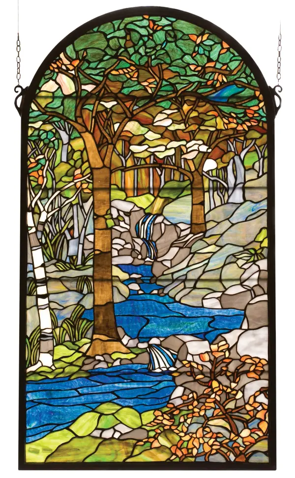 Meyda's interpretation of Louis Comfort Tiffany's Waterbrooks window is made using hand cut glass individually wrapped in copper foil. A beautiful selection of stained art glass in neutral tones of Earth Browns; Verdant and Mottled Greens; Russet Oranges and rippling Azure were hand selected to create this masterpiece. A solid brass hanging chain and brackets are included.