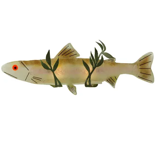 The Trout Wall Sconce offers an innovative and striking Fused Art Glass design in our popular Metro Fusion Group. Handcrafted in colors of Pink; Amber and Green; it is accented with Red and Black eyes; on metal Olive Green leaves. The finish is Tarnished Copper. A true work-of-art; ideal for sportsmen; outdoor enthusiasts and those that appreciate a work of beauty.