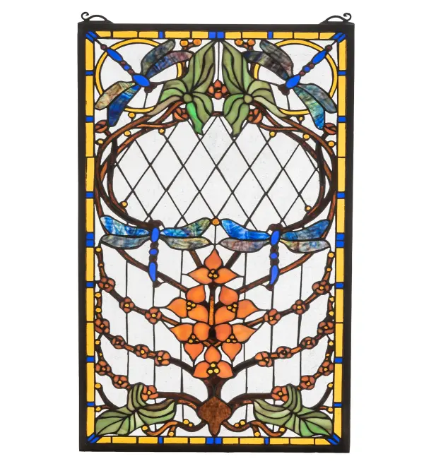 Brilliant Blue dragonflies dance on an Iridized Clear glass field with Cabernet Trilliums and glittering Gold borders in this Meyda Tiffany original stained glass window. The stunning stained glass window is created using the famous Meyda Tiffany copperfoil construction technique. The Dragonfly Allure Stained Glass Window is included in our American designed; handcrafted Stained Glass Window Collection. Each window is a unique work of art with color variations based on natural ingredients inherent in the glass. Contact us if color matching is critical when ordering multiple items. Brass mounting bracket and chains are included.