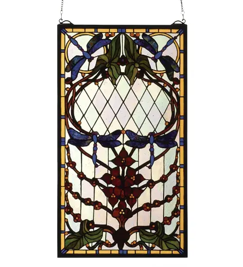 Midnight Blue dragonflies dance on an Iridized Clear glass field with Cabernet Trilliums and glittering Gold borders in this Meyda Tiffany original stained glass window. Brass mounting bracket and chains are included.