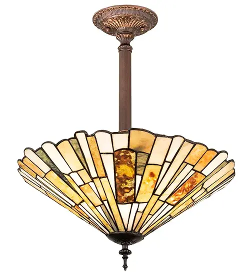 Thinly hand carved and polished natural Jadestone in earthy tones of Moss Green; Tan; Natural Ivory and Amber become luminescent in this unique tile patterned shade of this pendant. The natural stone shade is crafted using the famous copperfoil construction process that creates Tiffany stained glass lamps and fixtures. The inverted shade is enhanced with a handsome Mahogany Bronze finish. UL and cUL listed for dry and damp locations. Each shade is a unique work of art with color variations based on natural ingredients inherent in the Jadestone. Contact us if color matching is critical when ordering multiple items. - alternate view