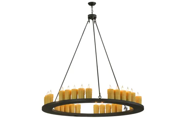 As if it was forged of iron during the Middle Ages and hung from the ceiling of a mighty stone castle; the Loxley chandelier features a ring suspended by rods and tipped with 30 Ivory faux candlelight columns. This rustic fixture is featured in a Wrought Iron finish. Handcrafted by highly skilled artisans in our 180;000 manufacturing facility in Yorkville; New York. This fixture is available in custom sizes; styles; and colors. Dimmable energy efficient lamping option options such as LED are available. UL and cUL listed for damp and dry locations.