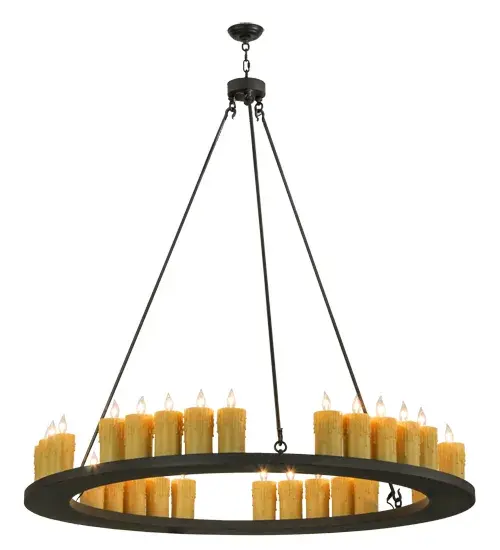As if it was forged of iron during the Middle Ages and hung from the ceiling of a mighty stone castle; the Loxley chandelier features a ring suspended by rods and tipped with 30 Ivory faux candlelight columns. This rustic fixture is featured in a Wrought Iron finish. Handcrafted by highly skilled artisans in our 180;000 manufacturing facility in Yorkville; New York. This fixture is available in custom sizes; styles; and colors. Dimmable energy efficient lamping option options such as LED are available. UL and cUL listed for damp and dry locations. - alternate view