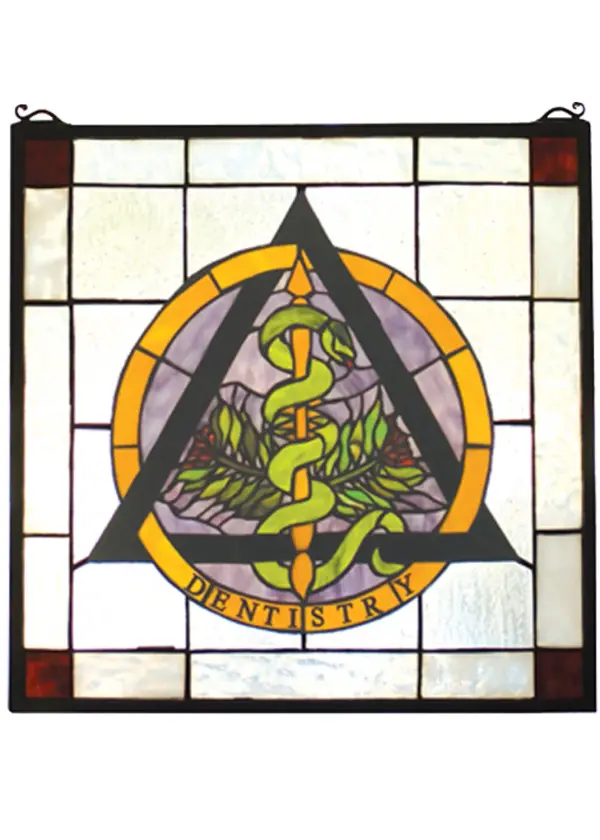 Brighten the smile of any dental professional with this Dentistry window. Serpent Green, Black and Gold and Royal Purple, this window will delight your orthodontist, dentist or hygienist. Framed in solid brass, this Meyda Tiffany original stained glass window has brass mounting bracket and chains included. Show us your teeth. Collection: Dentistry Finish: Zasdy Ha Green Burgundy Ca Glass: Zasdy Ha Ka Br Ca Width: 18.00" Height: 18.00" Length: 18.00" Weight: 4.00 lb Material: Metal Or Polyresin Country of Origin: CHINA Safety Listing: Dry Safety Rating: Dry