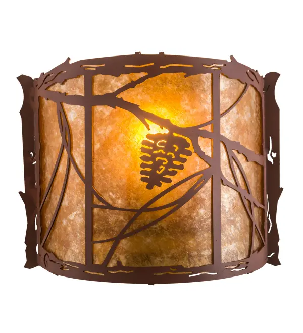 This handsome Pine Cone and needle patterned wall sconce with pine branch accents is illuminated through Amber mica panels. The fixture has a Rust finish and is handcrafted in the USA by Meyda artisans. Collection: Whispering Pines Finish: Rust Glass: Amber Mica Width: 11.25" Height: 9.25" Length: 4.50" Weight: 2.50 lb Extension from Wall: 4.50" Number of Bulbs: 1 Maximum Wattage: 60.00 W Bulb Type: A19 Bulb Base: E26 Material: Steel Country of Origin: USA Safety Listing: Damp Safety Rating: Damp