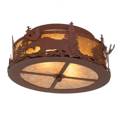 A Moose wanders through the tall pines around this flushmount handcrafted in the USA by Meyda artisans. This nature inspired fixture is finished in Rust and has Amber mica panels. - alternate view