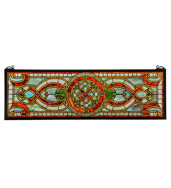 513 pieces of hand cut stained glass and 10 jewels are used to make this elegant transom window; featuring a floral medallion flanked with translucent figure eights and bordered in matching glass. Topaz; Moss and Burgundy are the prime colors of this Tiffany style window. A solid brass hanging chain and brackets are included.