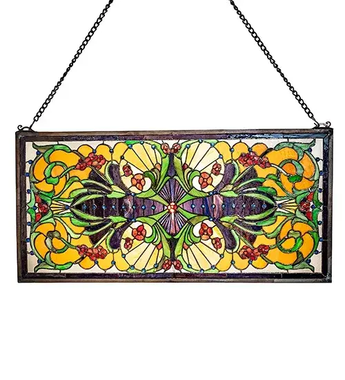 99 jewels and 432 pieces of hand cut stained glass are used to create this radiant flower vine and shell inspired Sonja Transom window. Dainty Merlot flowers with Ruby centers are surrounded with Jade vines on Gold and Azure flourishes. Handcrafted utilizing the copperfoil construction process created by Tiffany, the window also comes with a solid brass hanging chain and brackets. Collection: Sonja Finish: Ha Burgundy Pbag Da Glass: Stained Glass Width: 29.00" Height: 14.00" Length: 0.25" Weight: 7.00 lb Bulb Type: tbd Material: Brass Country of Origin: CHINA Safety Listing: Dry Safety Rating: Dry