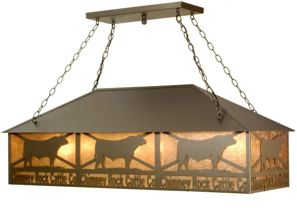 A stunning personalized wildlife design featuring the Chimney Rock Cattle Company brand name and logo. Wrought Iron decorative accents and hardware complement the Silver Mica lens. The overall height ranges from 22 to 100 inches; as the chain length can be easily adjusted on location to accommodate your specific lighting application needs. The Personalized Chimney Rock Oblong Pendant is included in the American-made; American-designed; handcrafted Personalized Collection and manufactured in Yorkville; New York. Please provide us with your brand-specific artwork and logo so we can develop mica lighting fixtures that create on-premise excitement; build brand awareness; reinforce your value proposition; and support your marketing campaign. Call us for pricing and lead time.