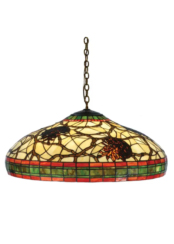 This stunning design features the iconic pinecone; one of Mother Nature's most compelling organic symbols; which offers a natural elegance and represents the evolution of human enlightenment. Burgundy and Leaf Green bands edge this woodland shade that highlights Light Brown pinecones and Golden Sun branches on a Beige art glass shade. The art glass shade; which is created using the famous Meyda Tiffany copperfoil construction process; is enhanced with hardware finished in Mahogany Bronze. UL and cUL Listed for damp and dry locations.