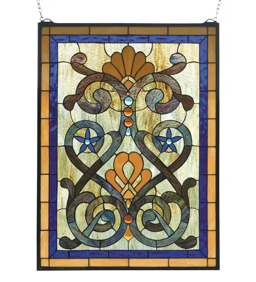 Soft warm neutrals define this primitive patterned window of Cobalt Blue; Tangerine and Rainbow touched Bronze stained art glass. This striking window is handcrafted utilizing the copperfoil construction process created by L. C. Tiffany. A solid brass hanging chain and brackets are included.