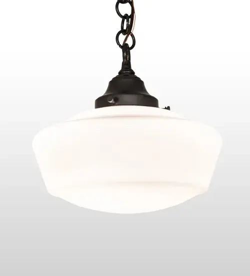 The Revival Schoolhouse glass reflects an authentic classic design. A perfectly formed shade is handcrafted of White Opal Schoolhouse Glass with rich artisanship and style. Originally used in private residences; schools; galleries and libraries; this Schoolhouse electrical reproduction pendant will illuminate a broad range of interiors today. The Brass constructed pendant is enhanced with a Craftsman Brown finish. The overall height ranges from 17 to 52 inches as the chain length can be adjusted in the field. Handcrafted by highly skilled artisans in our 180;000 square manufacturing facility in Yorkville; New York. Diffuser colors; metal finishes and fixture sizes can be customized. UL and cUL listed for dry and damp locations. - alternate view