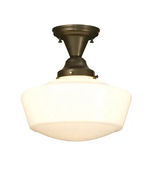 The Revival Schoolhouse glass reflects an authentic classic design. A perfectly formed shade is handcrafted of White Opal Schoolhouse Glass with rich artisanship and style. Originally used in private residences; schools; galleries and libraries; this Schoolhouse electrical reproduction pendant is Brass constructed and enhanced with a Craftsman Brown finish. Handcrafted by highly skilled artisans in our 180;000 square manufacturing facility in Yorkville; New York. Diffuser colors; metal finishes and fixture sizes can be customized. UL and cUL listed for dry and damp locations.