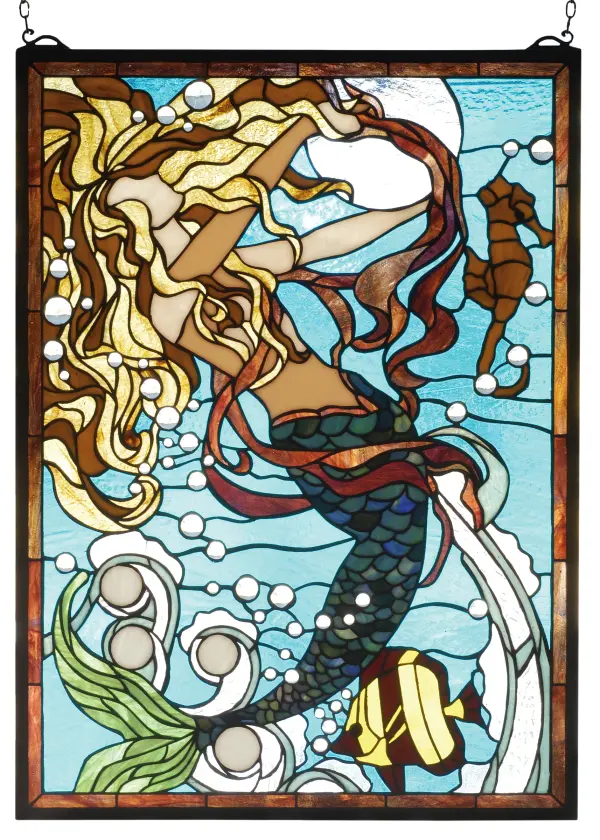Clear glass jewel bubbles and rippling Aqua waters surround a enchanting Mermaid in this Meyda Tiffany designer original window. Her hair of Gold and Chestnut swirls against the lunar reflection as she plays with her deep sea companions. 506 pieces of hand cut stained glass and 48 glass jewels are used to make this delightful window. A solid brass hanging chain and brackets are included.