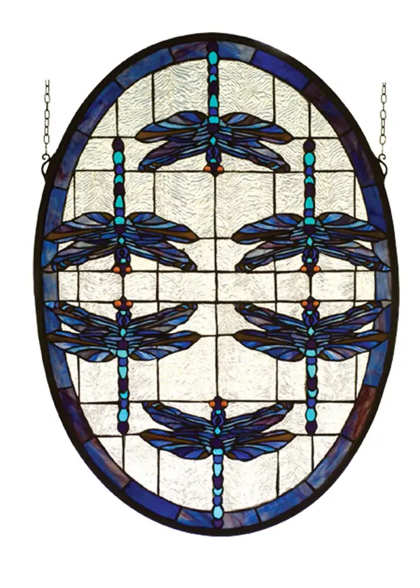 MULTICOLORED DRAGONFLIES DANCE ON A FIELD OF RIPPLED ICE BORDERED WITH PLUM AND SAPPHIRE. THEIR AMBER EYES GIVE A LIVELY GLOW TO THIS HAND CRAFTED ART GLASS MEYDA ORIGINAL DESIGN OF A FAVORITE SUBJECT OF LOUIS COMFORT TIFFANY. BRASS HANGING BRACKET AND CHAINS ARE INCLUDED. Collection: Dragonflies Oval Finish: Zav Pbw Blue Pbw Glass: Zav Pbw Vac Pbw Width: 22.00" Height: 30.00" Length: 22.00" Weight: 16.00 lb Bulb Type: TBD Material: Metal Or Polyresin Country of Origin: CHINA Safety Listing: Dry Safety Rating: Dry