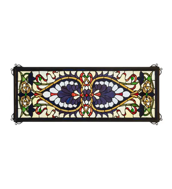 The delicate lace like pattern of the Antoinette window, with shells and ribbons of Royal Blue, Burgundy, Honey and Leaf Green adorns a textured Light Amber/Clear Streaky background. Made of 490 pieces of hand cut and copper foiled stained glass, this Tiffany Style window can be oriented either vertically or horizontally. A solid brass hanging chain and brackets are included. Collection: Antoinette Finish: Baw Pbna Zai Burgundy Pbw Glass: Stained Glass Width: 29.00" Height: 11.00" Length: 29.00" Weight: 5.00 lb Material: Metal Country of Origin: CHINA Safety Listing: Dry Safety Rating: Dry