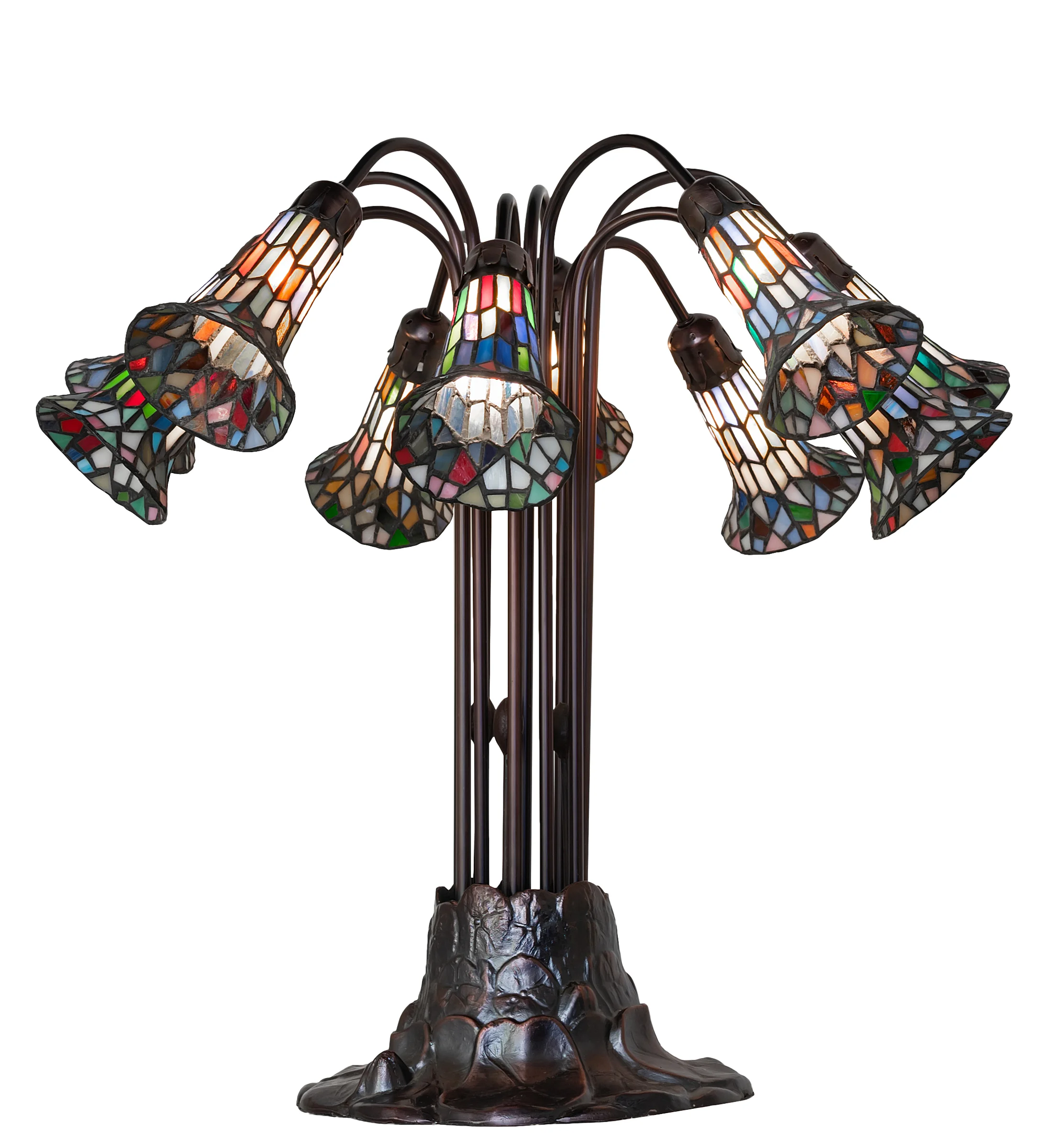 Stained Glass Pond Lily Ten Light Table Lamp in Mahogany Bronze