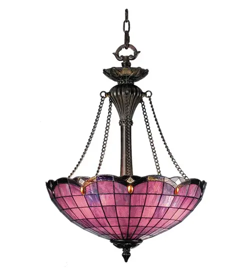 Plum/Raspberry colored glass shades trimmed in swooping scallops of Amethyst hues accented by sparkling Amber jewels and Clear granite glass. This inverted pendant features carved leaves in a Verdi Washed Ebony finish. The early 20th Century inspired motif; re-explored by the Meyda Tiffany design team; integrates Art Nouveau with Victorian.