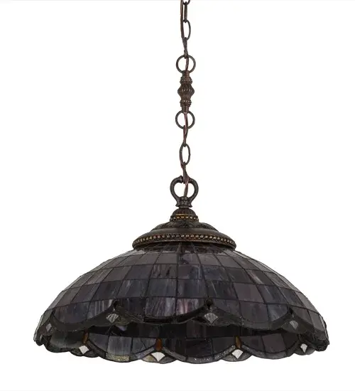 Elan features a Concord Grape art glass shade trimmed in swooping scallops of multiple shades of Purple Rippled glass; which are accented by sparkling Amber jewels and Clear granite glass. The shade is created using the famous Meyda Tiffany copperfoil construction process of hand-cutting and hand-soldering individual pieces of authentic stained glass. This lamp includes handsome hardware which is offered in an Antiquity finish. Custom sizes; styles and dimmable energy efficient lamping are available. UL and cUL listed for dry locations. - alternate view