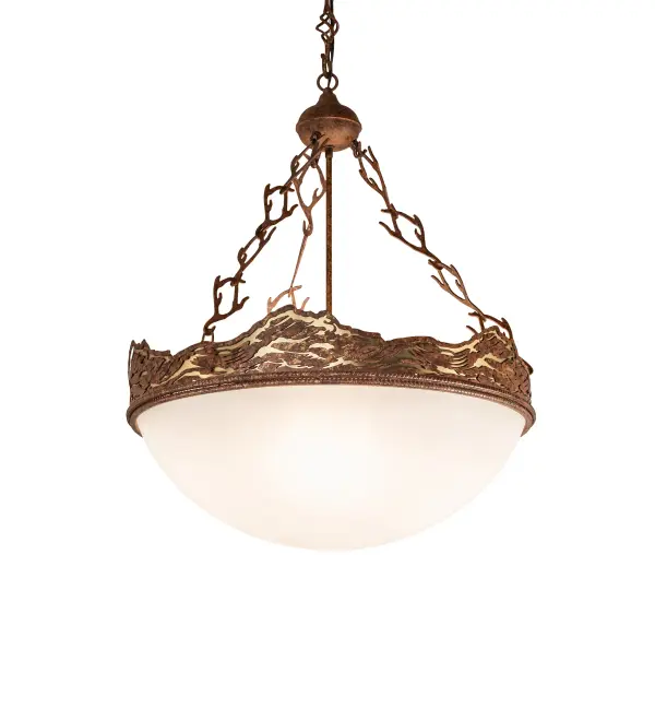This stunning lighting design conjures up visions of rolling waves on a sunny beach. The Waves design is featured in a Hand Painted Rust finish on a Natural Brass background. This spectacular metal design crowns a rotund Statuario Idalight shade and is topped with Coral-like metal accents. Perfect for nearly any room in residential; hospitality and commercial settings. Overall height ranges from 35 to 64 inches as the chain can be easily adjusted in the field. The Waves Inverted Pendant is featured in our American produced; American designed; handcrafted Nautical Lighting Collection. Manufactured in Yorkville; New York. UL and cUL listed for dry and damp locations.
