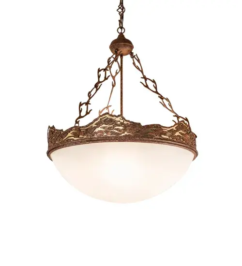 This stunning lighting design conjures up visions of rolling waves on a sunny beach. The Waves design is featured in a Hand Painted Rust finish on a Natural Brass background. This spectacular metal design crowns a rotund Statuario Idalight shade and is topped with Coral-like metal accents. Perfect for nearly any room in residential; hospitality and commercial settings. Overall height ranges from 35 to 64 inches as the chain can be easily adjusted in the field. The Waves Inverted Pendant is featured in our American produced; American designed; handcrafted Nautical Lighting Collection. Manufactured in Yorkville; New York. UL and cUL listed for dry and damp locations. - alternate view