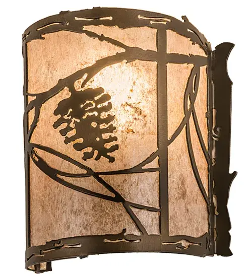 This handsome Pine Cone and needle patterned wall sconce with pine branch accents is illuminated through Silver mica panels. The fixture has an Antique Copper finish and is handcrafted in the USA by Meyda artisans. Collection: Whispering Pines Finish: Antique Copper Glass: Silver Mica Width: 6.50" Height: 7.00" Length: 4.00" Weight: 1.50 lb Extension from Wall: 4.00" Number of Bulbs: 1 Maximum Wattage: 60.00 W Bulb Type: BA10 Bulb Base: Candelabra Material: Steel Country of Origin: USA Safety Listing: Damp Safety Rating: Damp - alternate view