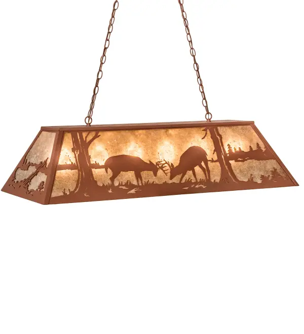 The natural charm of wildlife is captured beautifully with this striking pendant fixture design that features two young bucks sparring in the woods while the late afternoon sun sinks in the distance behind a stretch of mountains. Warm lighting is created by a stunning Silver Mica shade enhanced by the decorative accents, frame and matching hardware finished in Rust. Use this fixture as a pendant over counters, kitchen islands, dining or billiard tables. It is handcrafted in the Meyda manufacturing facility at the foothills of the majestic Adirondack Mountains. Additional wildlife and custom designs are available, as well as energy efficient lamping options. Collection: Battling Bucks Finish: Rust Glass: Silver Mica Notes: Custom Crafted In Yorkville, New York Please Allow 30 Days Width: 17.00" Height: 22.00" Length: 48.00" Weight: 24.00 lb Extension from Wall: 17.00" Number of Bulbs: 6 Maximum Wattage: 60.00 W Bulb Type: A19 Bulb Base: E26 Material: Steel Country of Origin: USA Safety Listing: Damp Safety Rating: Damp