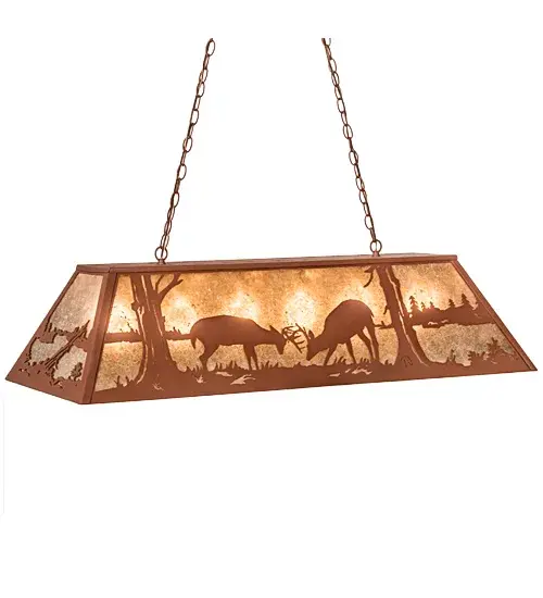 The natural charm of wildlife is captured beautifully with this striking pendant fixture design that features two young bucks sparring in the woods while the late afternoon sun sinks in the distance behind a stretch of mountains. Warm lighting is created by a stunning Silver Mica shade enhanced by the decorative accents, frame and matching hardware finished in Rust. Use this fixture as a pendant over counters, kitchen islands, dining or billiard tables. It is handcrafted in the Meyda manufacturing facility at the foothills of the majestic Adirondack Mountains. Additional wildlife and custom designs are available, as well as energy efficient lamping options. Collection: Battling Bucks Finish: Rust Glass: Silver Mica Notes: Custom Crafted In Yorkville, New York Please Allow 30 Days Width: 17.00" Height: 22.00" Length: 48.00" Weight: 24.00 lb Extension from Wall: 17.00" Number of Bulbs: 6 Maximum Wattage: 60.00 W Bulb Type: A19 Bulb Base: E26 Material: Steel Country of Origin: USA Safety Listing: Damp Safety Rating: Damp - alternate view