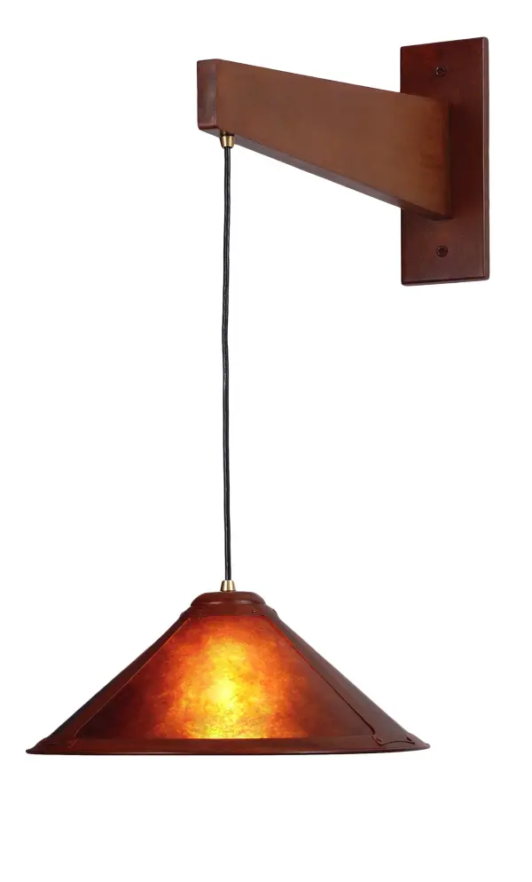 Every Meyda Tiffany item is a unique handcrafted work of art. Natural variations in the wide array of materials that we use to create each Meyda product make every item a masterpiece of its own. Photographs are a general representation of the product. Colors and designs will vary. Collection: Mission Finish: Rust Glass: Amber Mica Notes: Custom Crafted In Yorkville, New York Please Allow 30 Days Width: 17.00" Height: 32.00" Length: 33.00" Weight: 22.00 lb Extension from Wall: 33.00" Number of Bulbs: 1 Maximum Wattage: 60.00 W Bulb Type: A19 Bulb Base: E26 Material: Steel Country of Origin: USA Safety Listing: Damp Safety Rating: Damp