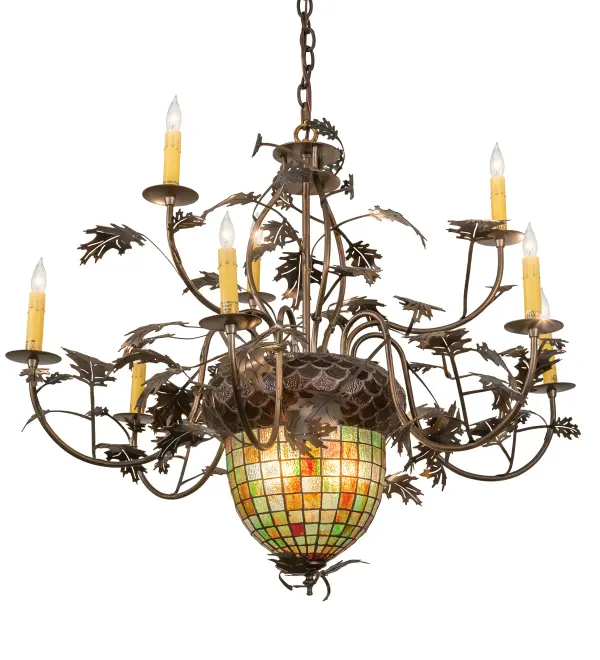 Majestic as the mighty oak is this leaf adorned 9 arm chandelier in an antique copper finish. A lighted stained glass acorn; in multi toned Autumn Green with a Bark Brown granite glass crown that sprouts candle topped; oak leaf covered branches. Each branched arm has with a beautifully simulated dripping wax candlestick in Ivory. The elegant hardware is hand made in the USA by Meyda Tiffany craftsmen.