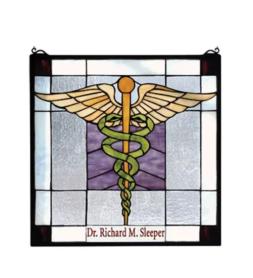 This exquisite personalized stained glass window features the caduceus symbol for Medicine in the United States. Kelly Green snakes wrap around a Honey Wispy glass staff with Beige Iridescent wings on Purple Opalescent glass. The background includes Clear Seeded Glass with White glass. The four corners display Deep Burgundy glass panels. The stunning glass design is complemented with a Mahogany Bronze finished frame. Personalized for Dr. Richard M. Sleeper. This stained glass window is shown as an example of our craftsmanship and custom capabilities and can be customized to fit your personal needs with your family name or business logo.