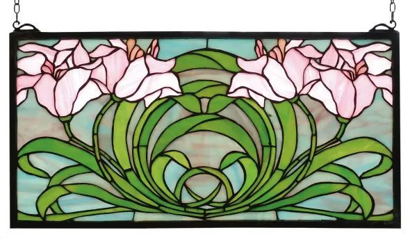 Soft Petal Pink lilies atop Spring Green leaves form a circle on a sky of Dusky Blues in this nature inspired stained glass window. The rectangular Meyda Tiffany original window is framed in solid brass and has brass mounting bracket and chains included.