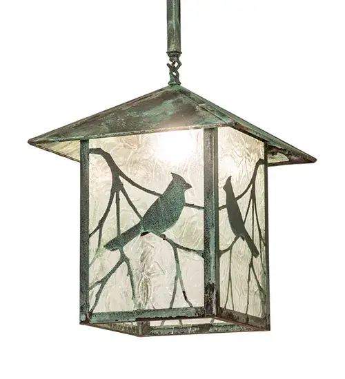 You can almost hear this singing bird's beautiful melodies that echo the rhythms of Mother Nature. Delicately etched of Solid Brass, delicate silhouettes of a Song Bird perched on branches accent this charming lantern style wall sconce. The ceiling pendant is finished in Verdigris and features a Clear Leaf Art Glass diffuser. The Seneca Song Bird Pendant is included in our American-made, American-designed, handcrafted Craftsman Signature Lighting Collection. Manufactured in Yorkville, New York. UL and cUL listed for dry and damp locations. Collection: Seneca Finish: Craftsman Verdigris Craftsman Verdigris Glass: Clear Leaf Glass Width: 22.50" Height: 39.00" Length: 16.00" Weight: 16.00 lb Number of Bulbs: 1 Maximum Wattage: 60.00 W Bulb Type: A19 Bulb Base: E26 Material: Steel Country of Origin: USA Safety Rating: Damp - alternate view