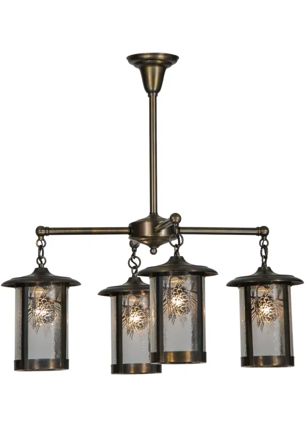 Delicately etched of Solid Brass; stunning Pinecones are portrayed in Craftsman Signature cylindrical shaped lanterns designed with Clear Seeded art glass. Frame and hardware featured in a stunning Antique Brass finish. Hand made by Meyda artisans in our manufacturing facility in Yorkville; NY at the foothills of the Adirondack Mountains. Ideal for living rooms; kitchens; dining areas; lobbies; entryways and covered porches. Custom designs; styles and sizes available. Energy efficient lamping options.