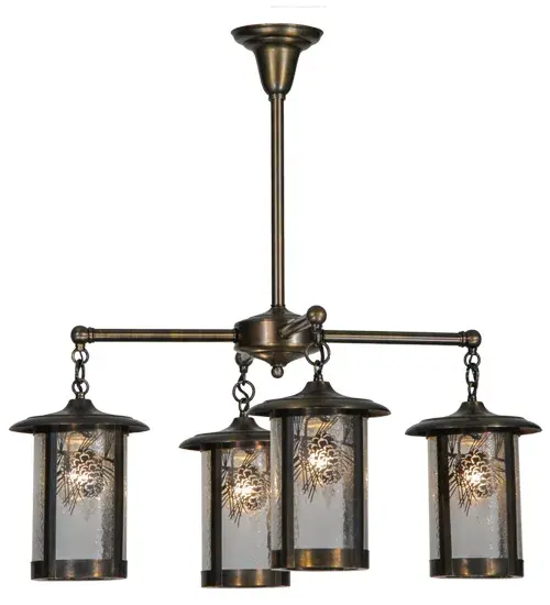 Delicately etched of Solid Brass; stunning Pinecones are portrayed in Craftsman Signature cylindrical shaped lanterns designed with Clear Seeded art glass. Frame and hardware featured in a stunning Antique Brass finish. Hand made by Meyda artisans in our manufacturing facility in Yorkville; NY at the foothills of the Adirondack Mountains. Ideal for living rooms; kitchens; dining areas; lobbies; entryways and covered porches. Custom designs; styles and sizes available. Energy efficient lamping options. - alternate view